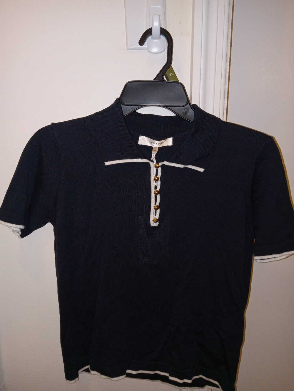 Frame Denim Navy Polo with White Trim and Gold Buttons